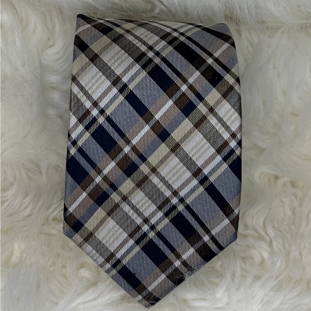 Preppy plaid Alfani silk tie in blue/brown/cream standard size